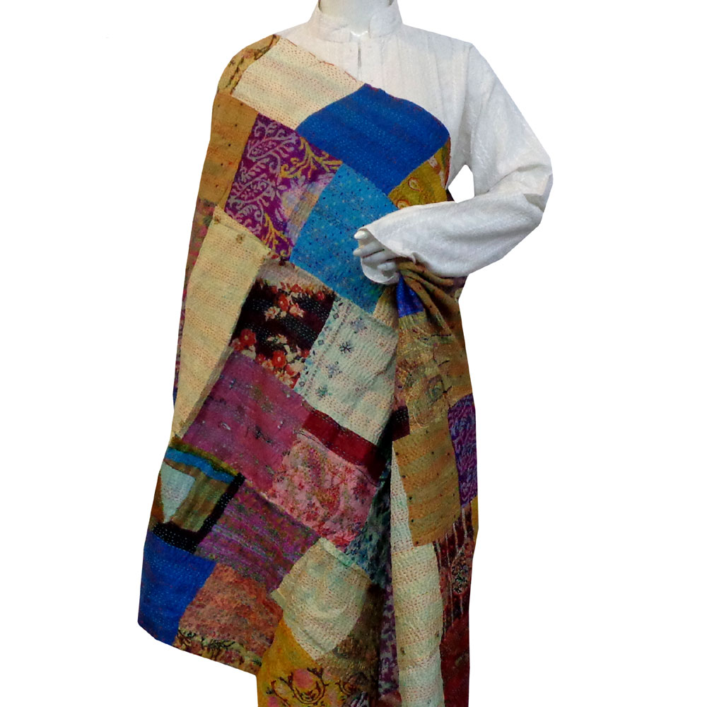 Hand Embroidered Cotton Kantha Silk Stole Reversible 204784