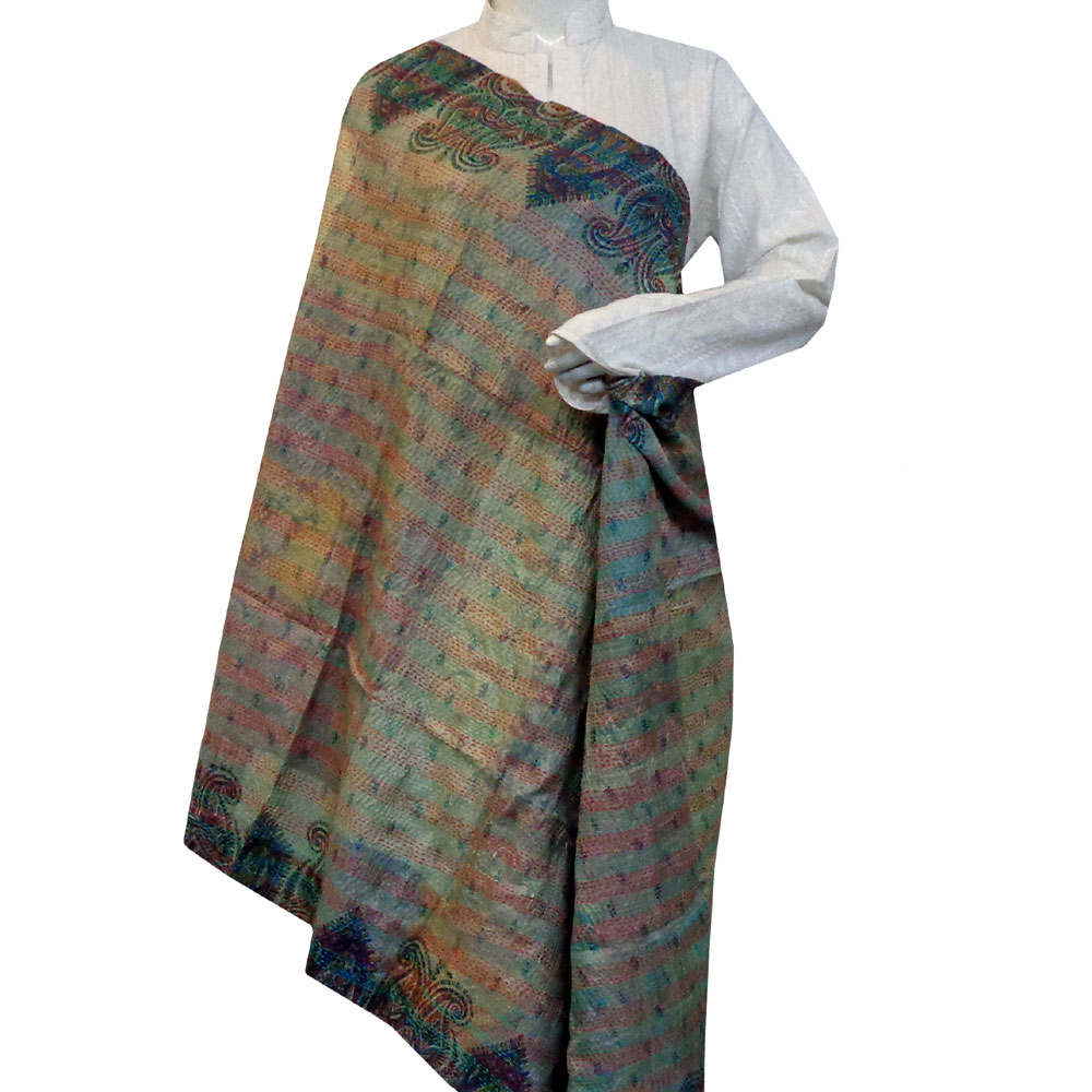 Hand Embroidered Cotton Kantha Silk Stole Reversible 204784