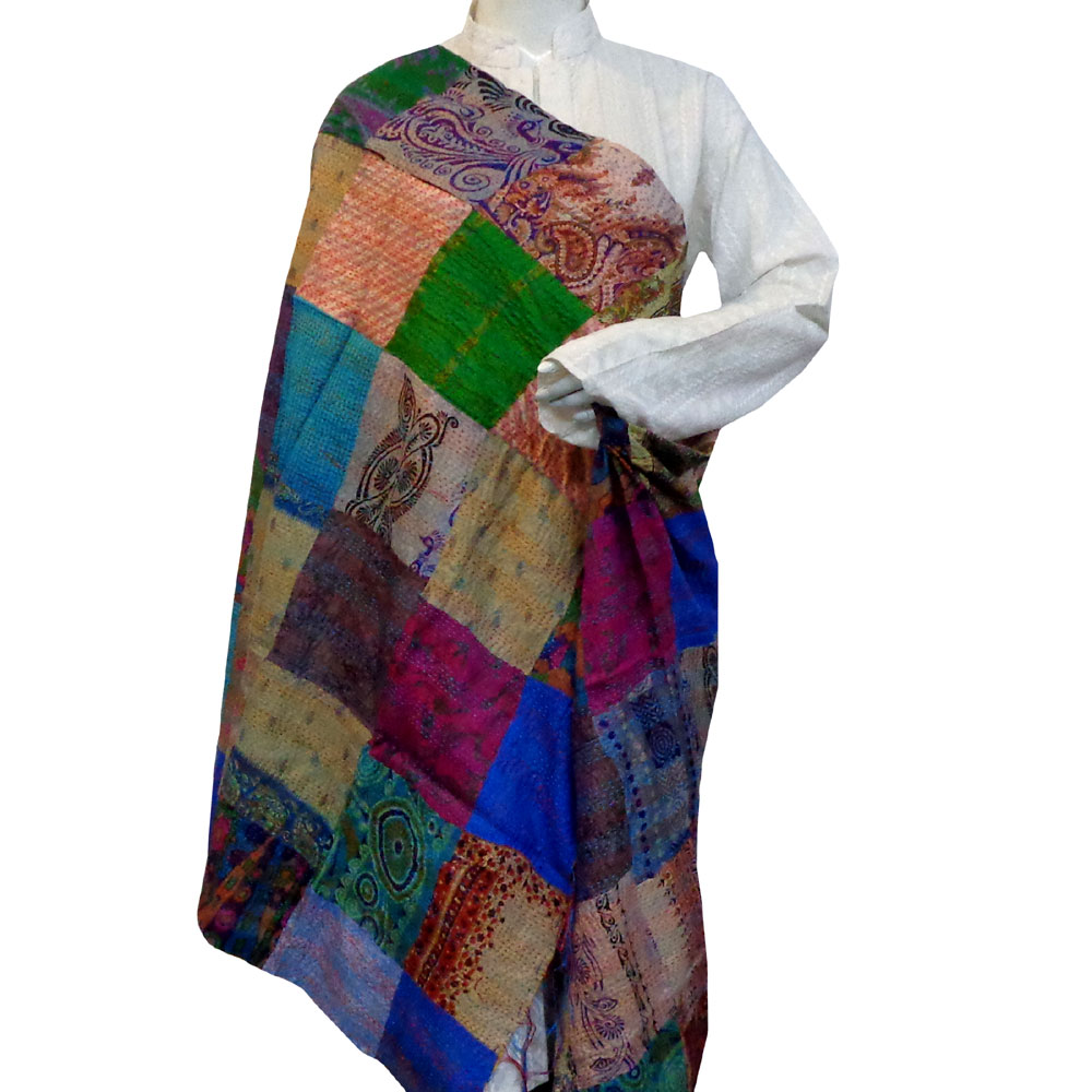 Hand Embroidered Cotton Kantha Silk Stole Reversible 204802