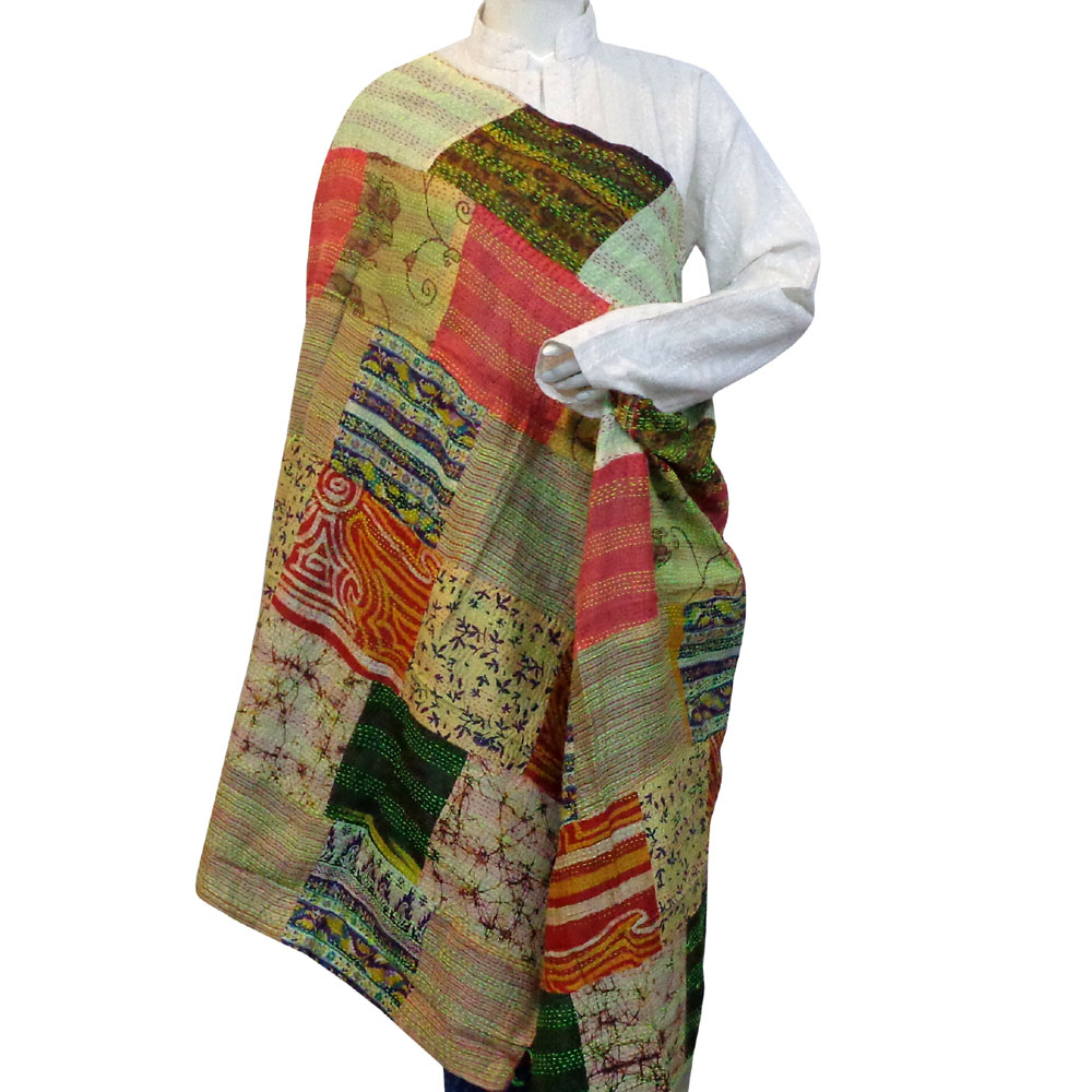 Hand Embroidered Cotton Kantha Silk Stole Reversible 204808
