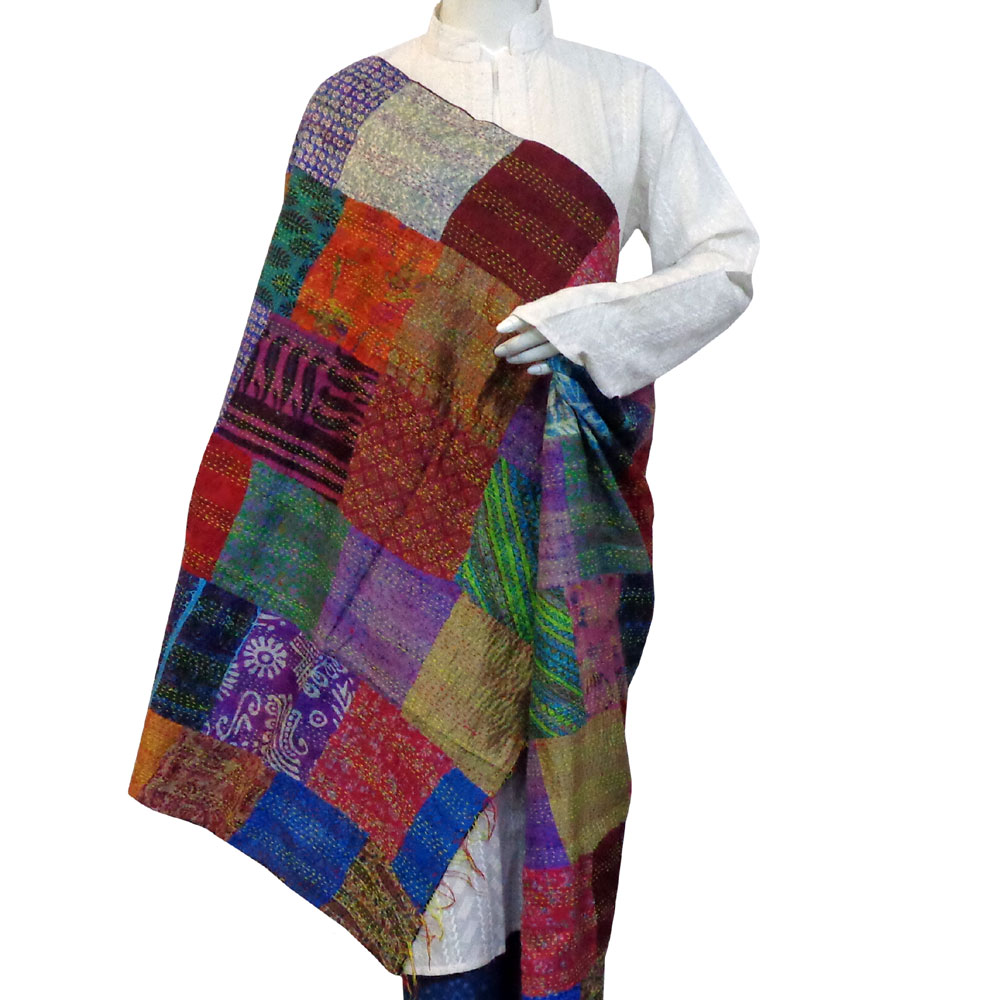 Hand Embroidered Cotton Kantha Silk Stole Reversible 204814