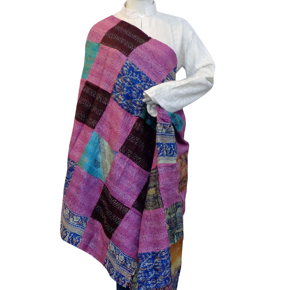 Hand Embroidered Cotton Kantha Silk Stole Reversible 204837