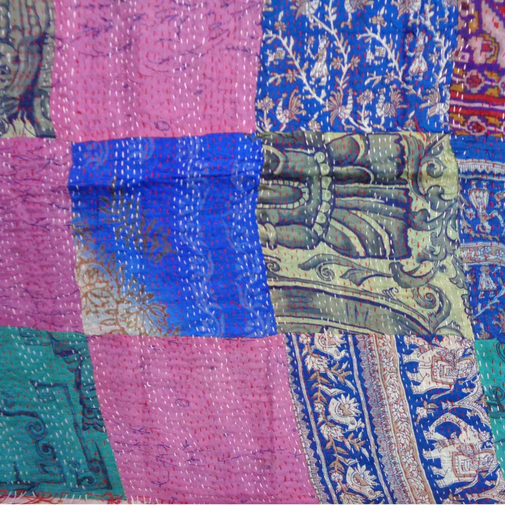 Hand Embroidered Cotton Kantha Silk Stole Reversible 204837