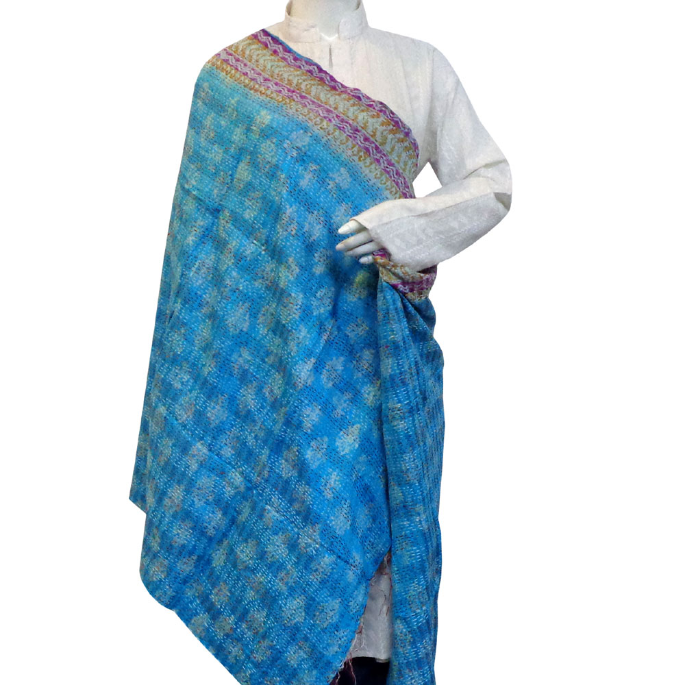 Hand Embroidered Cotton Kantha Silk Stole Reversible 204837