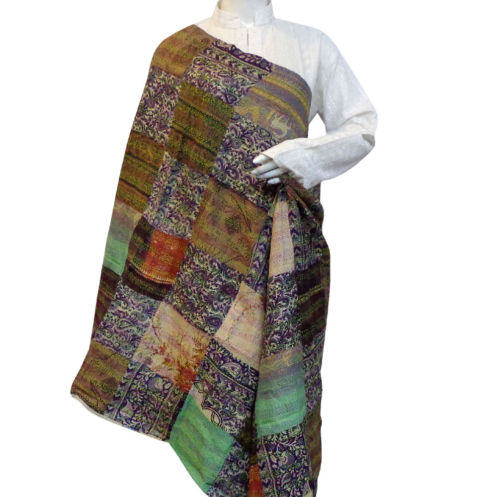 Hand Embroidered Cotton Kantha Silk Stole Reversible 204843