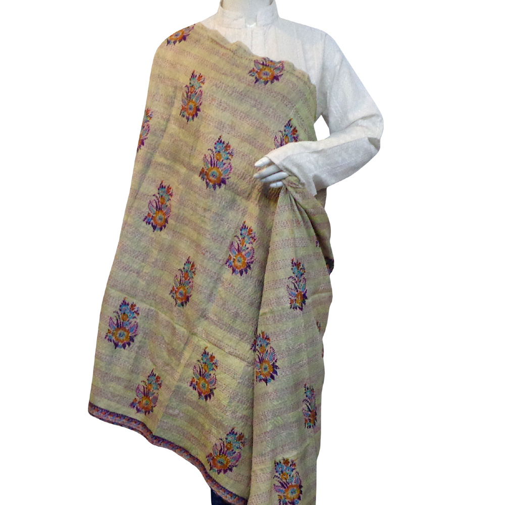 Hand Embroidered Cotton Kantha Silk Stole Reversible 204843