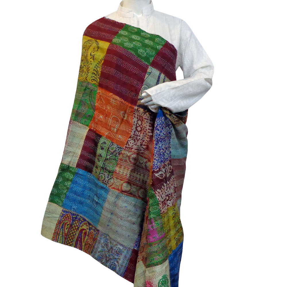 Hand Embroidered Cotton Kantha Silk Stole Reversible 204862