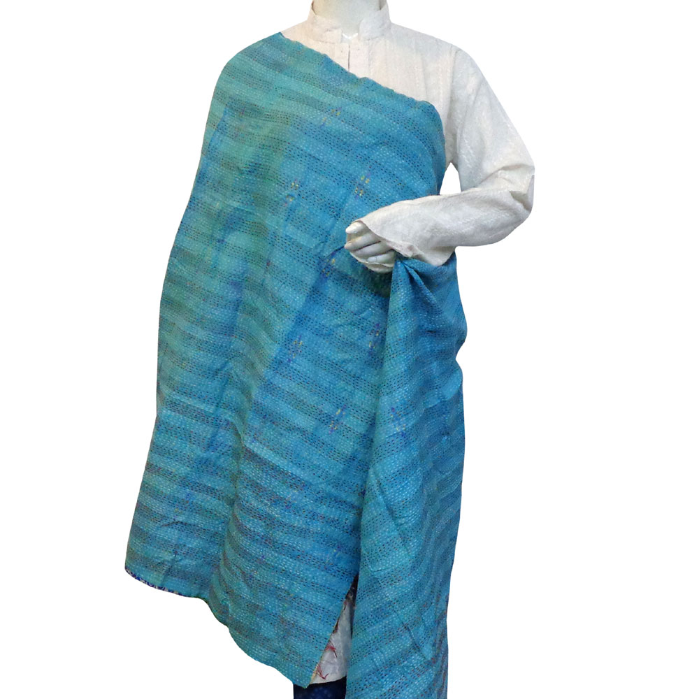 Hand Embroidered Cotton Kantha Silk Stole Reversible 204862