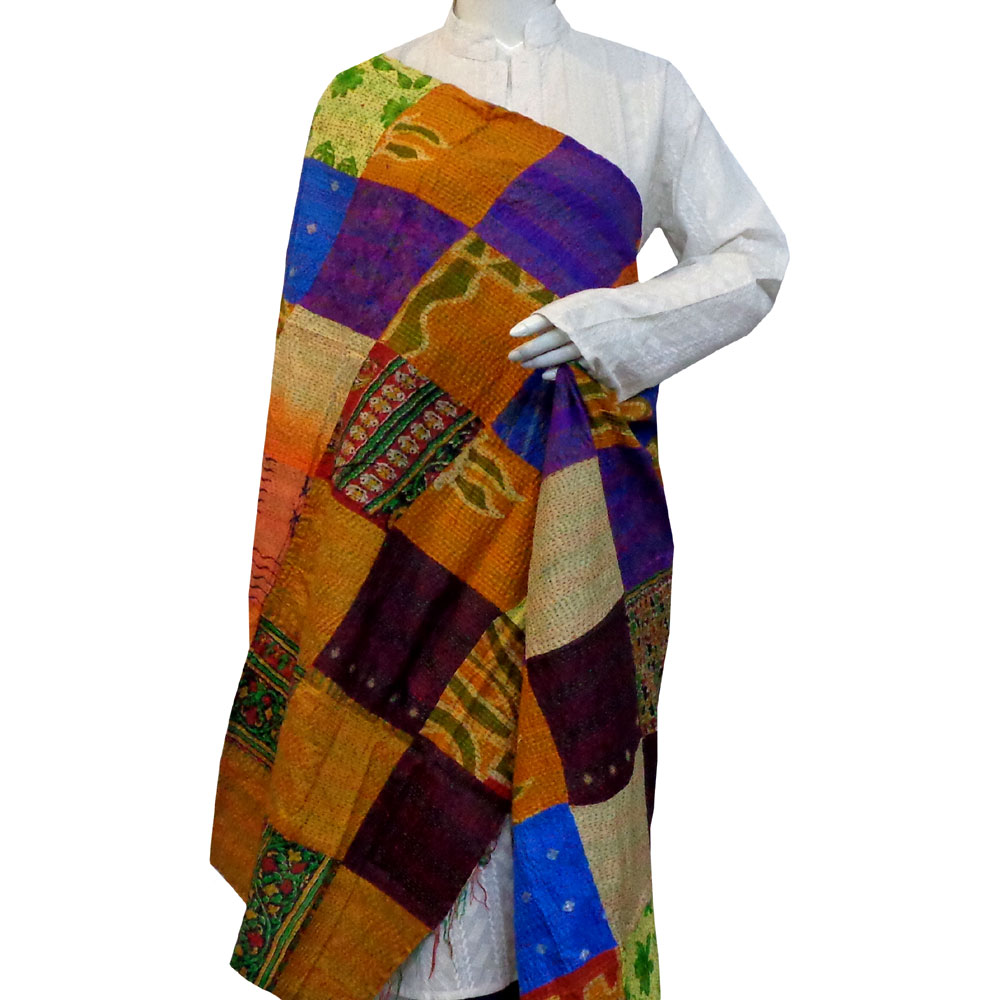Hand Embroidered Cotton Kantha Silk Stole Reversible 204877