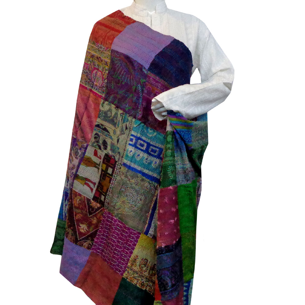 Hand Embroidered Cotton Kantha Silk Stole Reversible 204889
