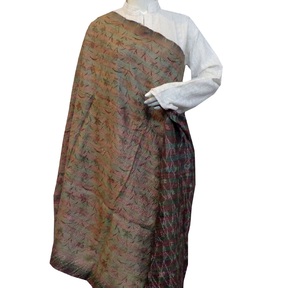 Hand Embroidered Cotton Kantha Silk Stole Reversible 204889