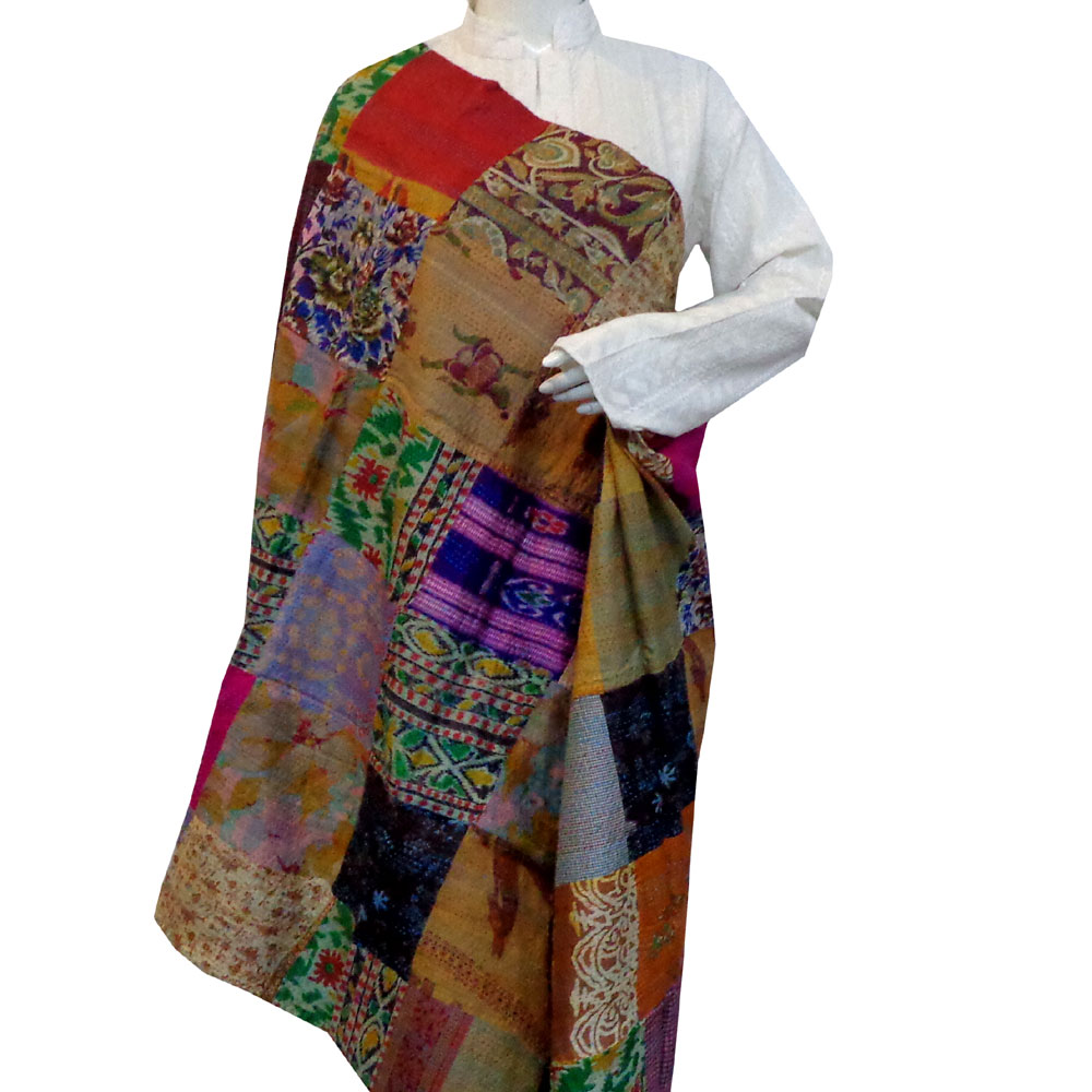 Hand Embroidered Cotton Kantha Silk Stole Reversible  204898