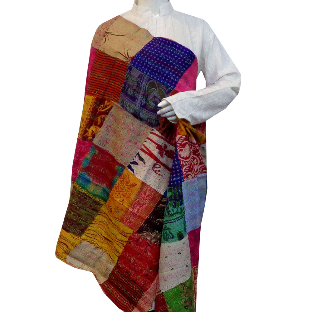 Hand Embroidered Cotton Kantha Silk Stole Reversible 204903