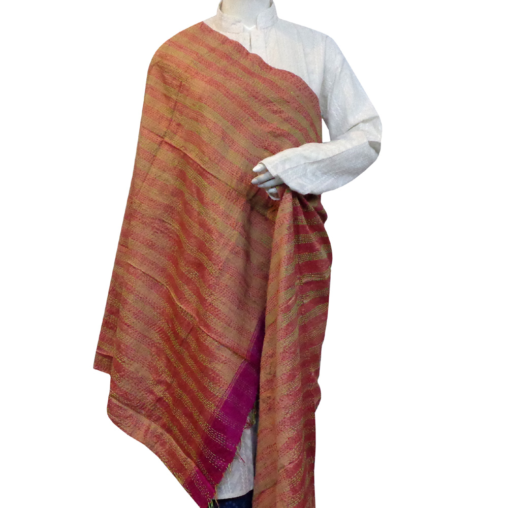 Hand Embroidered Cotton Kantha Silk Stole Reversible 204903