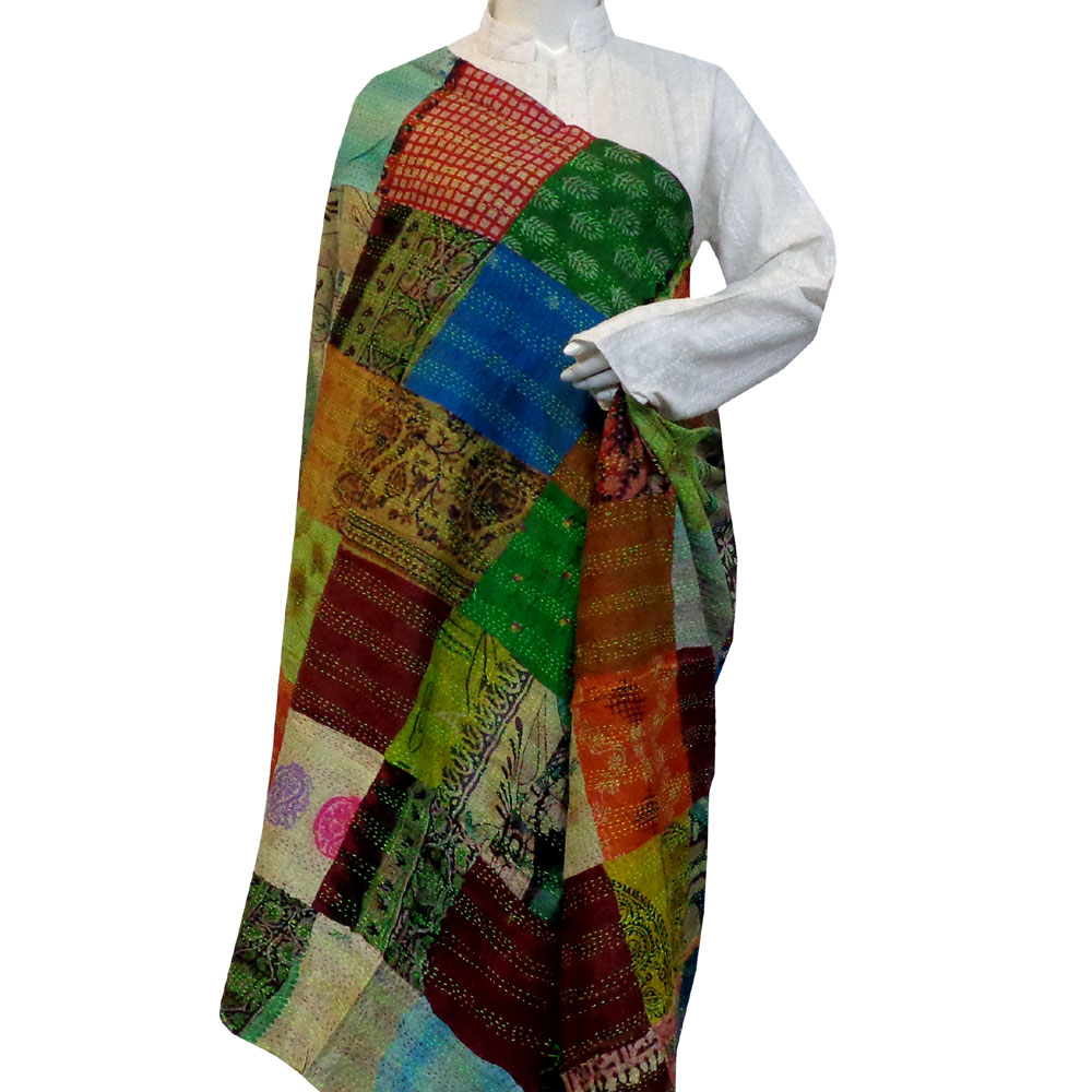 Hand Embroidered Cotton Kantha Silk Stole Reversible 204910