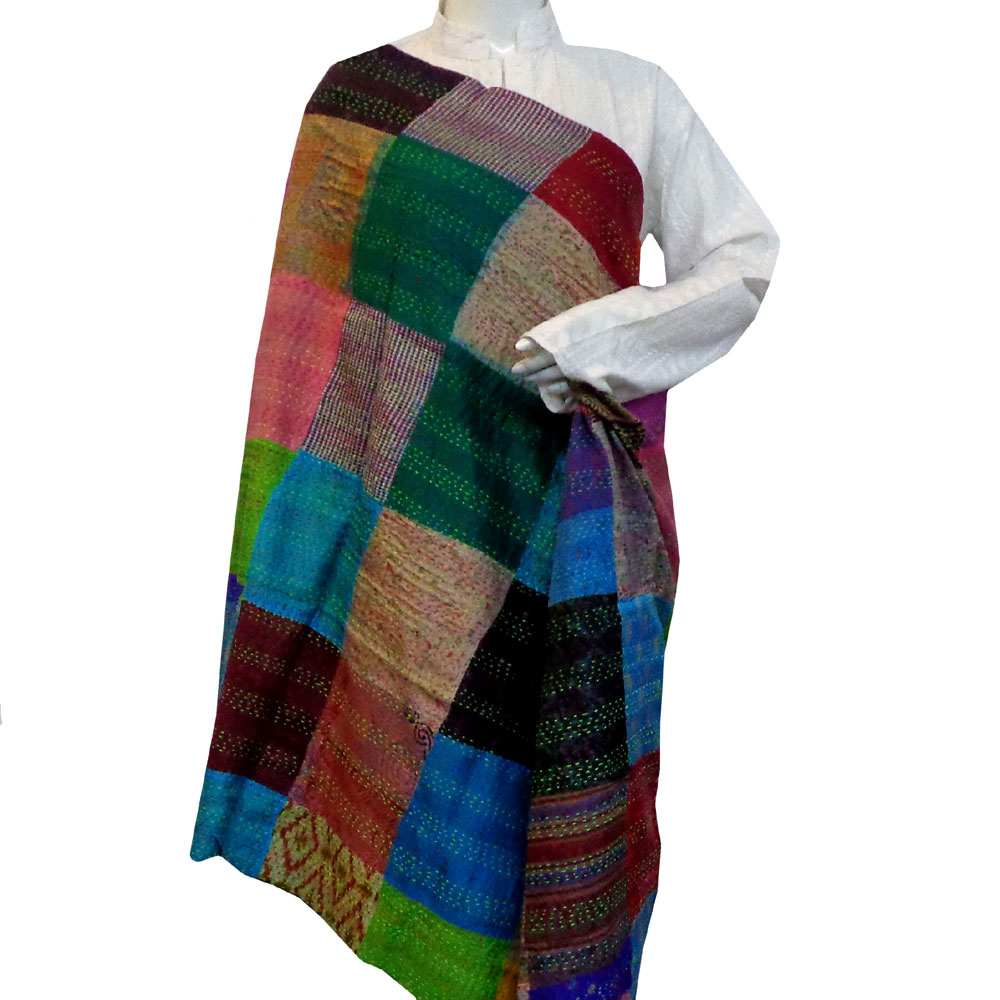 Hand Embroidered Cotton Kantha Silk Stole Reversible 204922