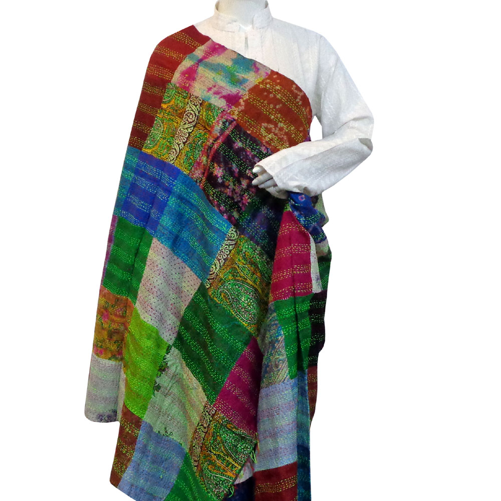 Hand Embroidered Cotton Kantha Silk Stole Reversible 204942