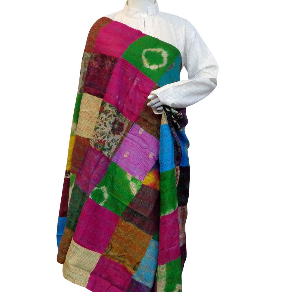 Hand Embroidered Cotton Kantha Silk Stole Reversible 204948