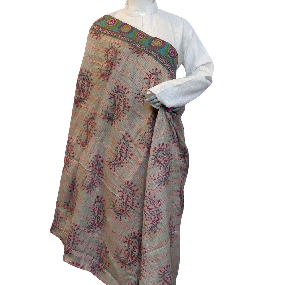 Hand Embroidered Cotton Kantha Silk Stole Reversible 204948