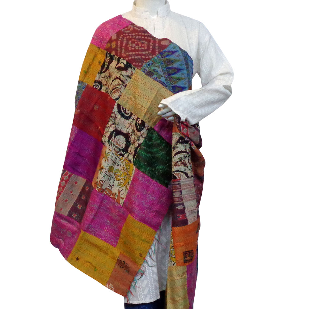 Hand Embroidered Cotton Kantha Silk Stole Reversible 204956