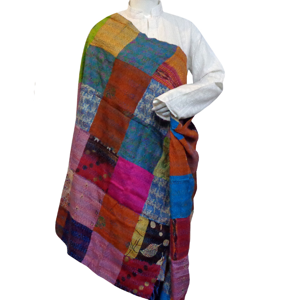 Hand Embroidered Cotton Kantha Silk Stole Reversible 204970