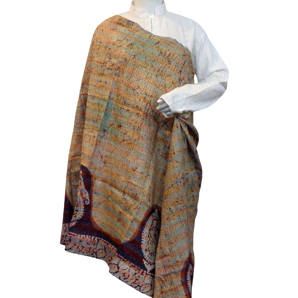 Hand Embroidered Cotton Kantha Silk Stole Reversible 204970