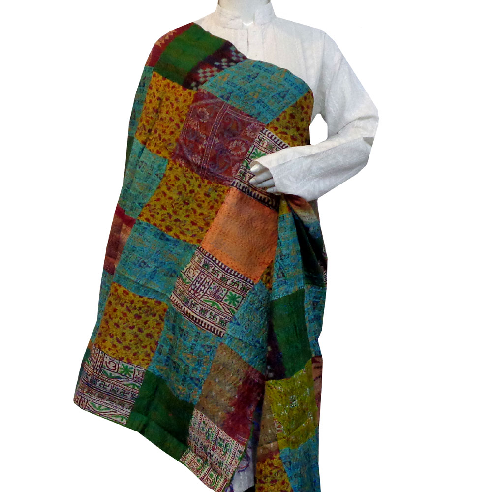 Hand Embroidered Cotton Kantha Silk Stole Reversible 204979