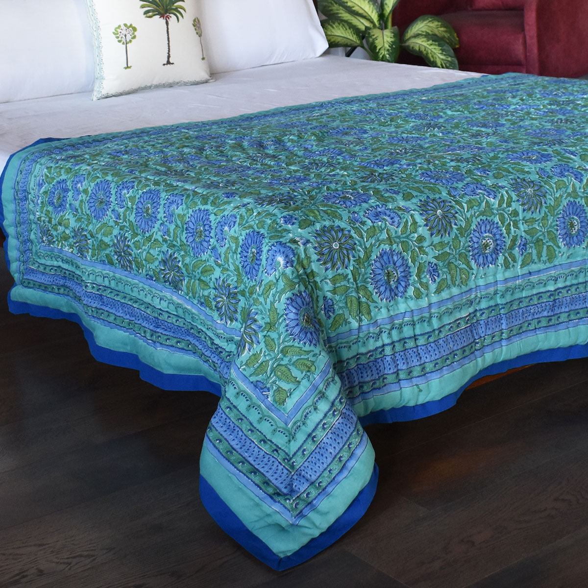 Hand Block Printed Twin Size Quilt Surajmukhi Blue 10240