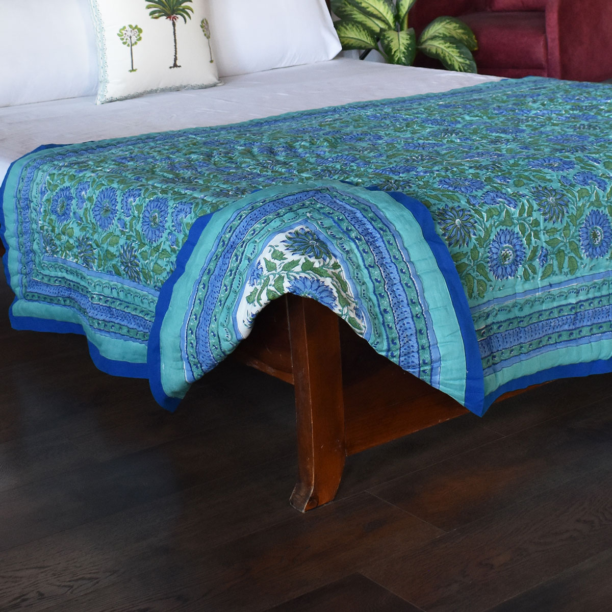 Hand Block Printed Twin Size Quilt Surajmukhi Blue 10240