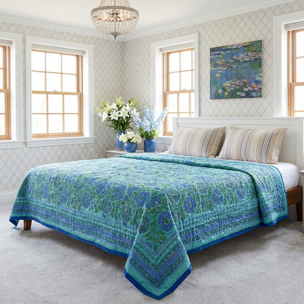 Hand Block Printed Twin Size Quilt Surajmukhi Blue 10240