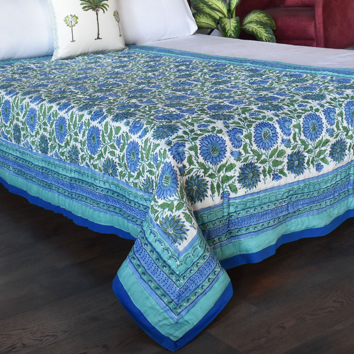 Hand Block Printed Twin Size Quilt Surajmukhi Blue 10240