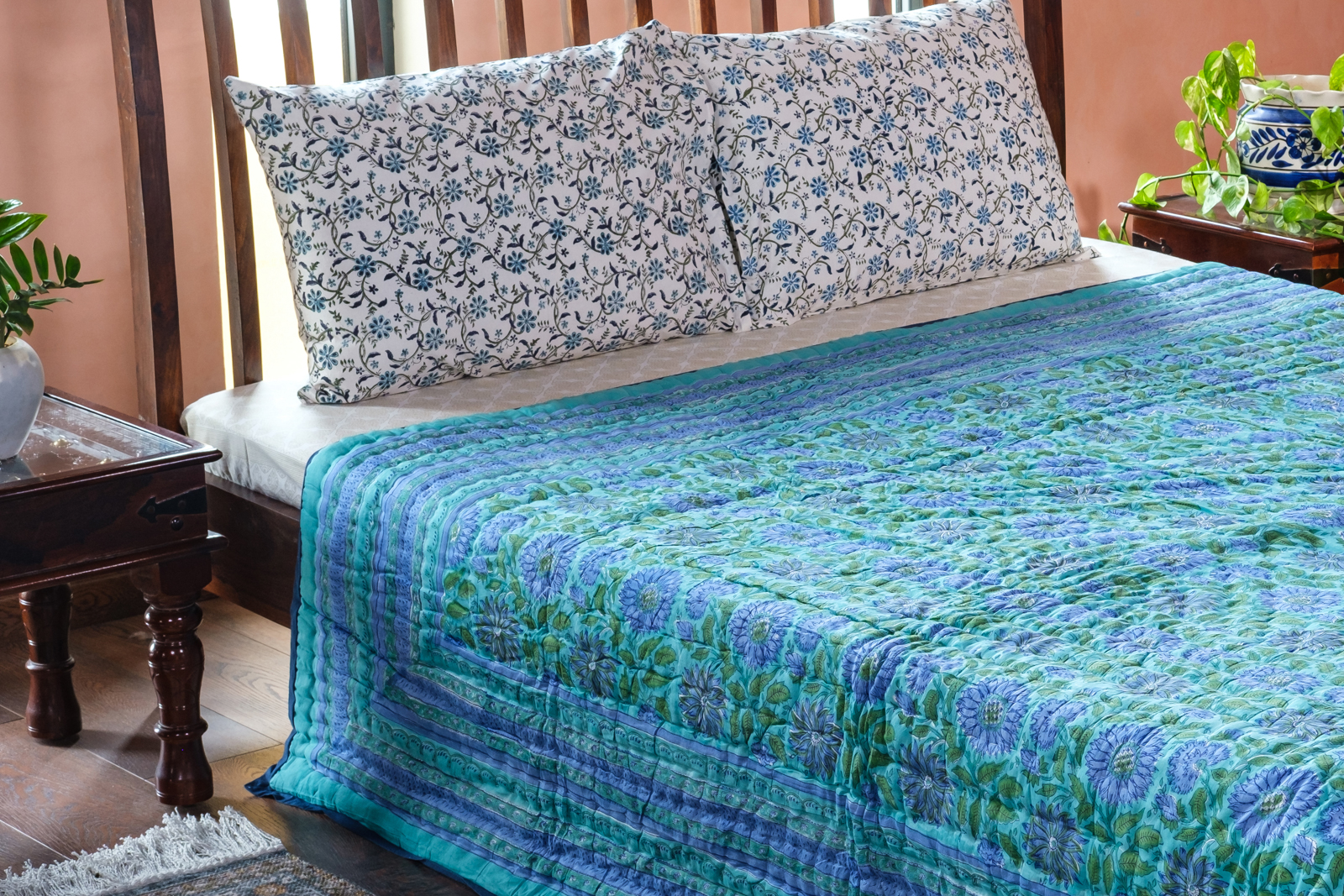 Handmade Block Printed Cotton Queen Quilt Surajmukhi Blue 1065