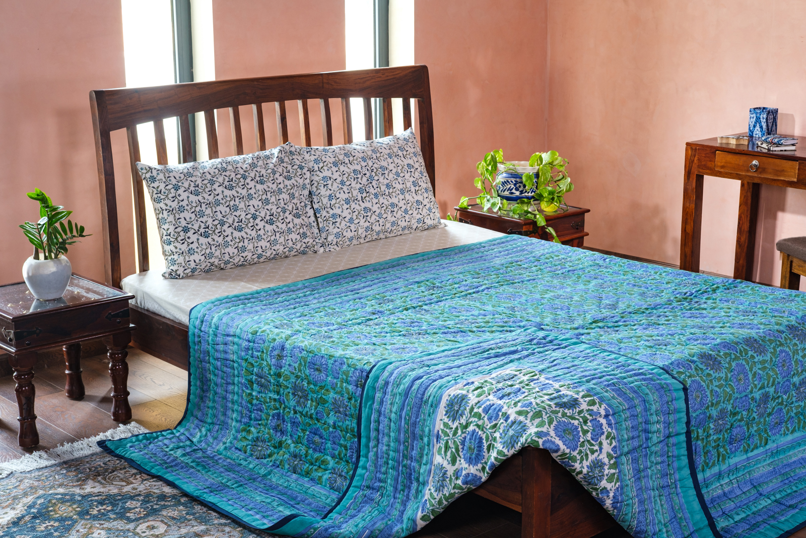 Handmade Block Printed Cotton Queen Quilt Surajmukhi Blue 1065