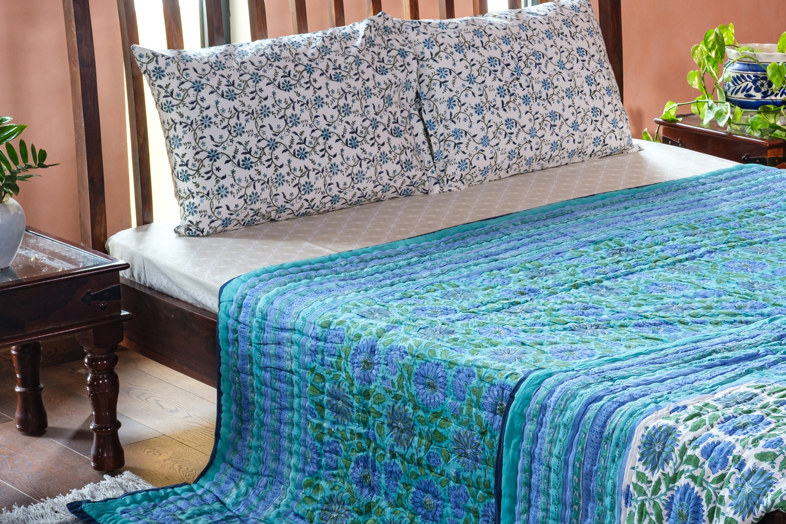 Handmade Block Printed Cotton Queen Quilt Surajmukhi Blue 1065