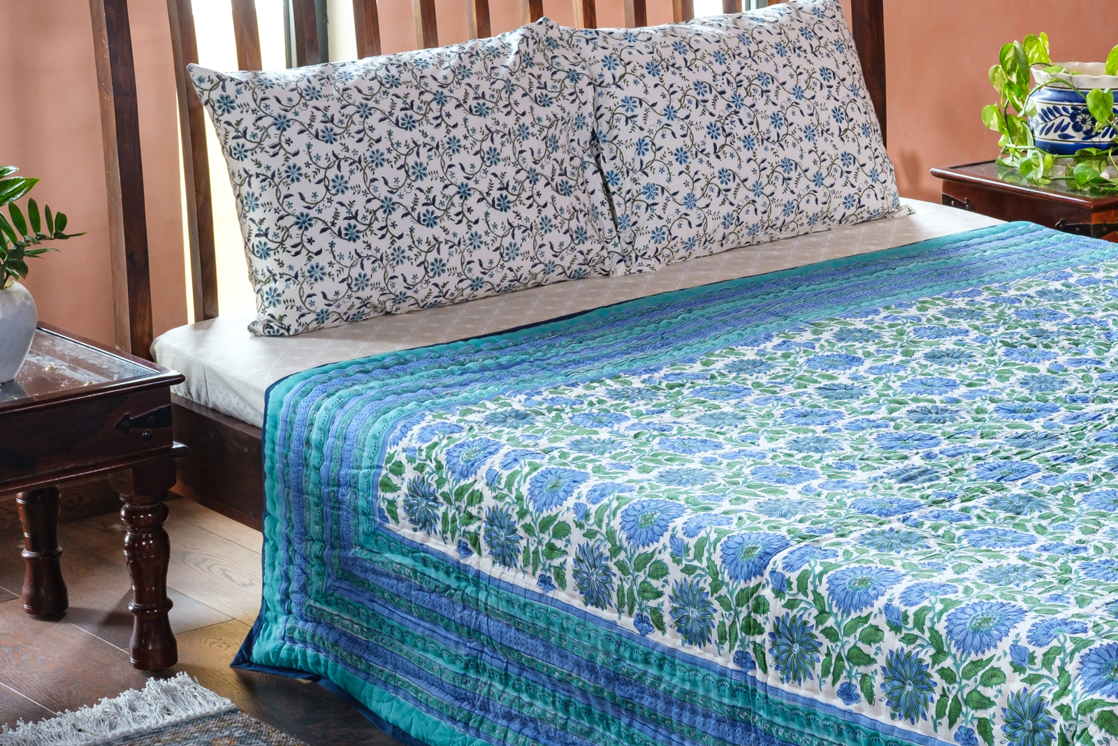 Handmade Block Printed Cotton Queen Quilt Surajmukhi Blue 1065
