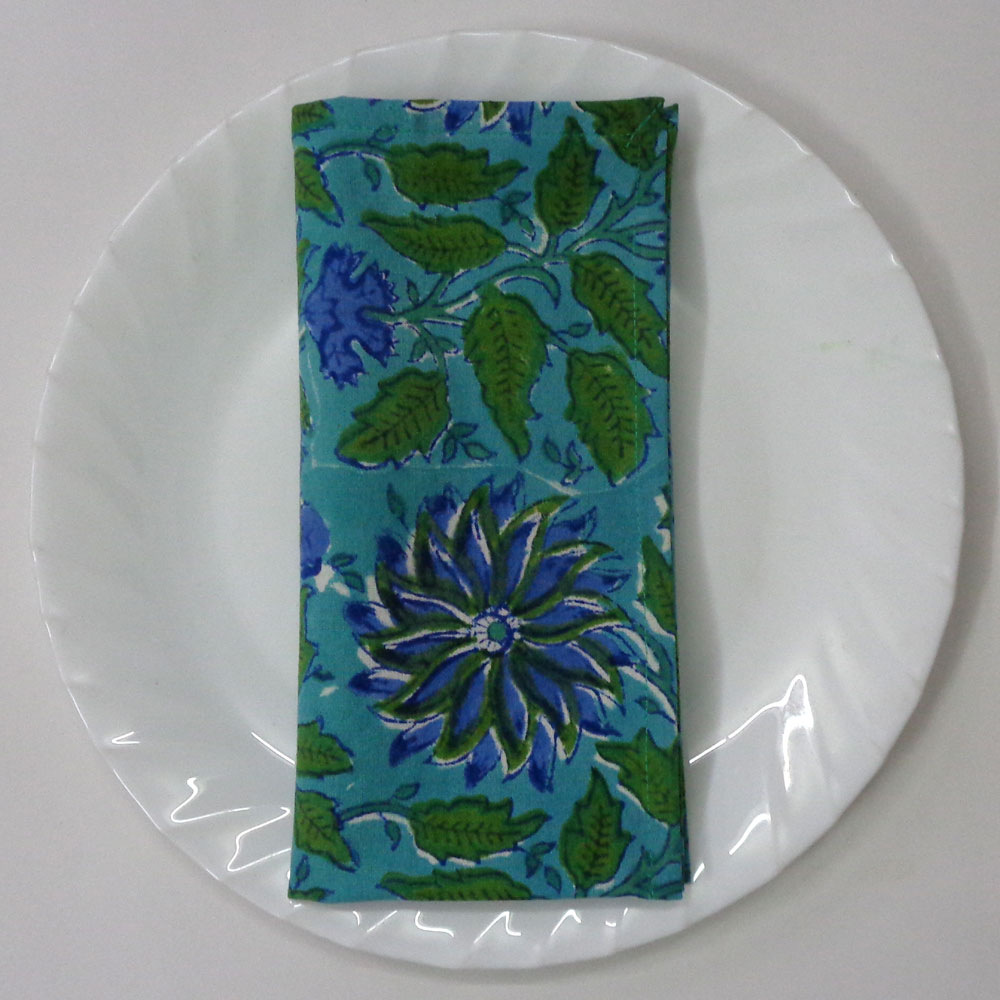 Hand Block Printed Cotton Napkin 45x45 cms Set of 4 Napkins Surajmukhi Blue Gud 106164