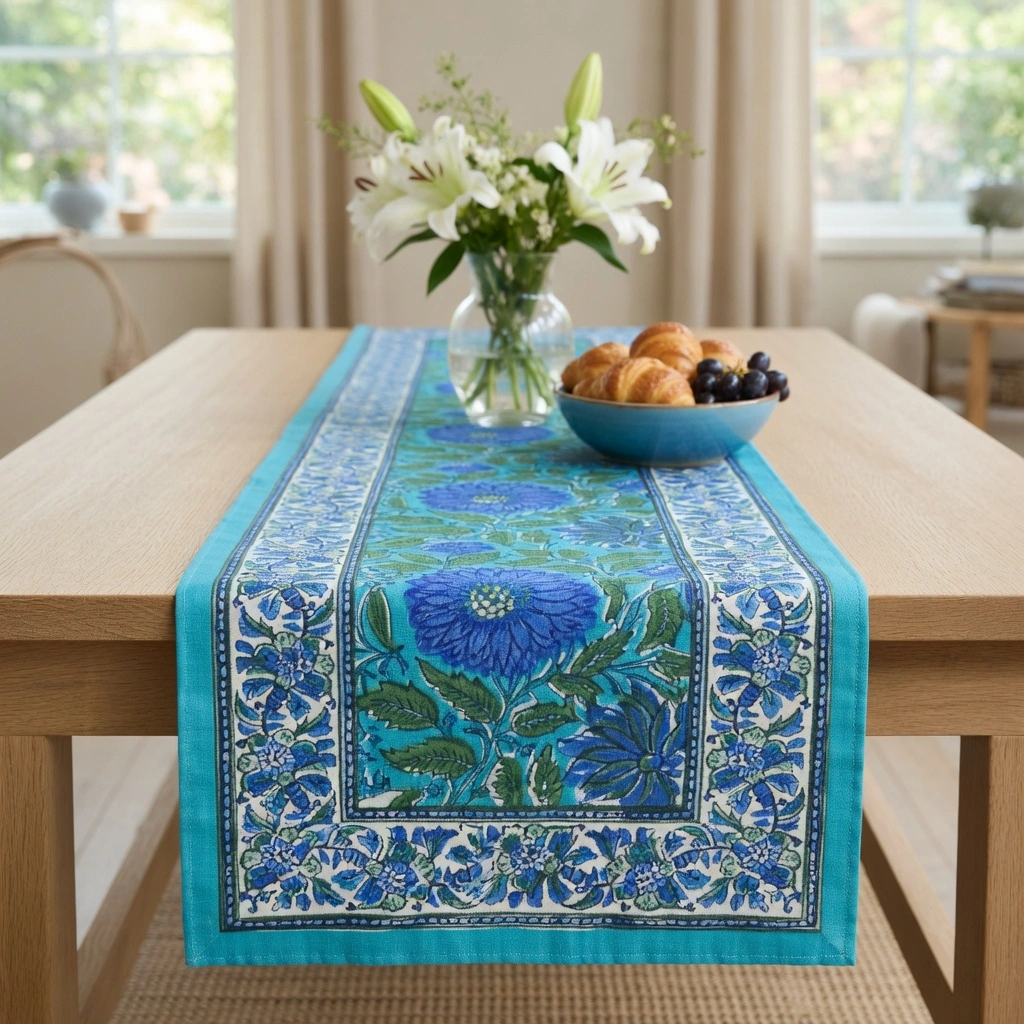 Hand Block Printed Cotton Canvas Table Runner 33x120 cms Surajmukhi Blue Gud 106164