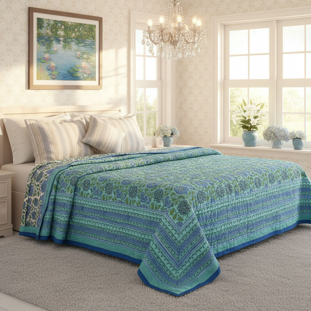 Hand Block Printed Cotton Quilt King Size Surajmukhi Blue Gud 106164
