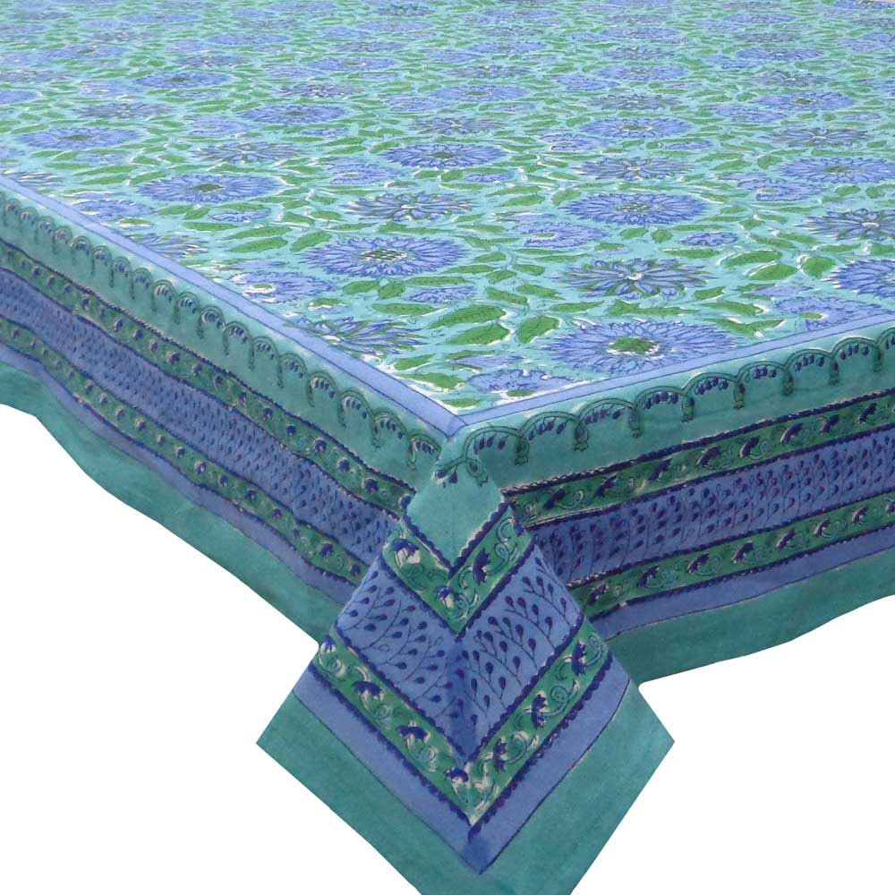 Square Tablecloth in Cotton Hand Block Printed Cotton Tablecloth 220x220 cms Surajmukhi Blue Gud 106164