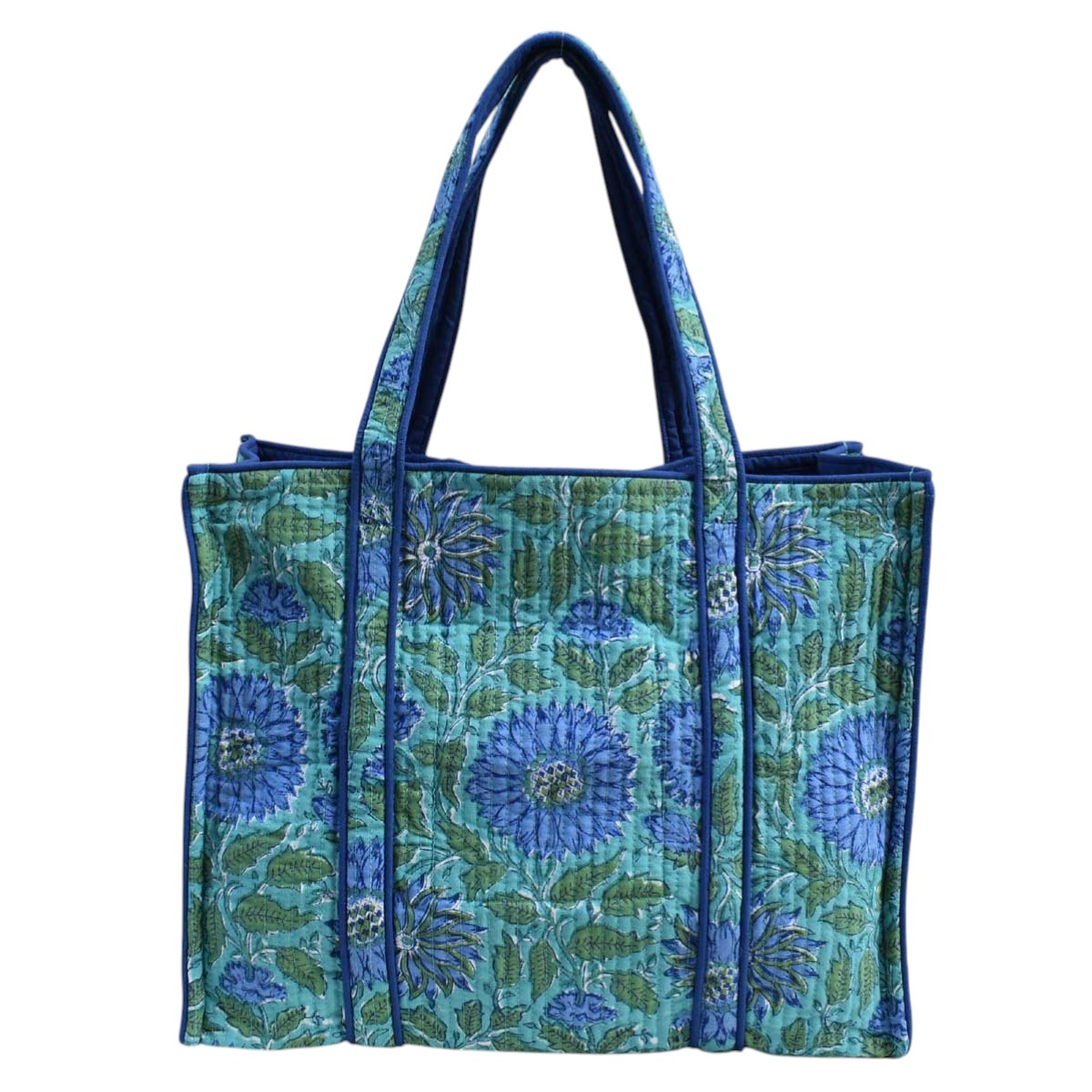 Hand Block Printed Cotton Quilted Tote Bag Surajmukhi Blue Gud 106164
