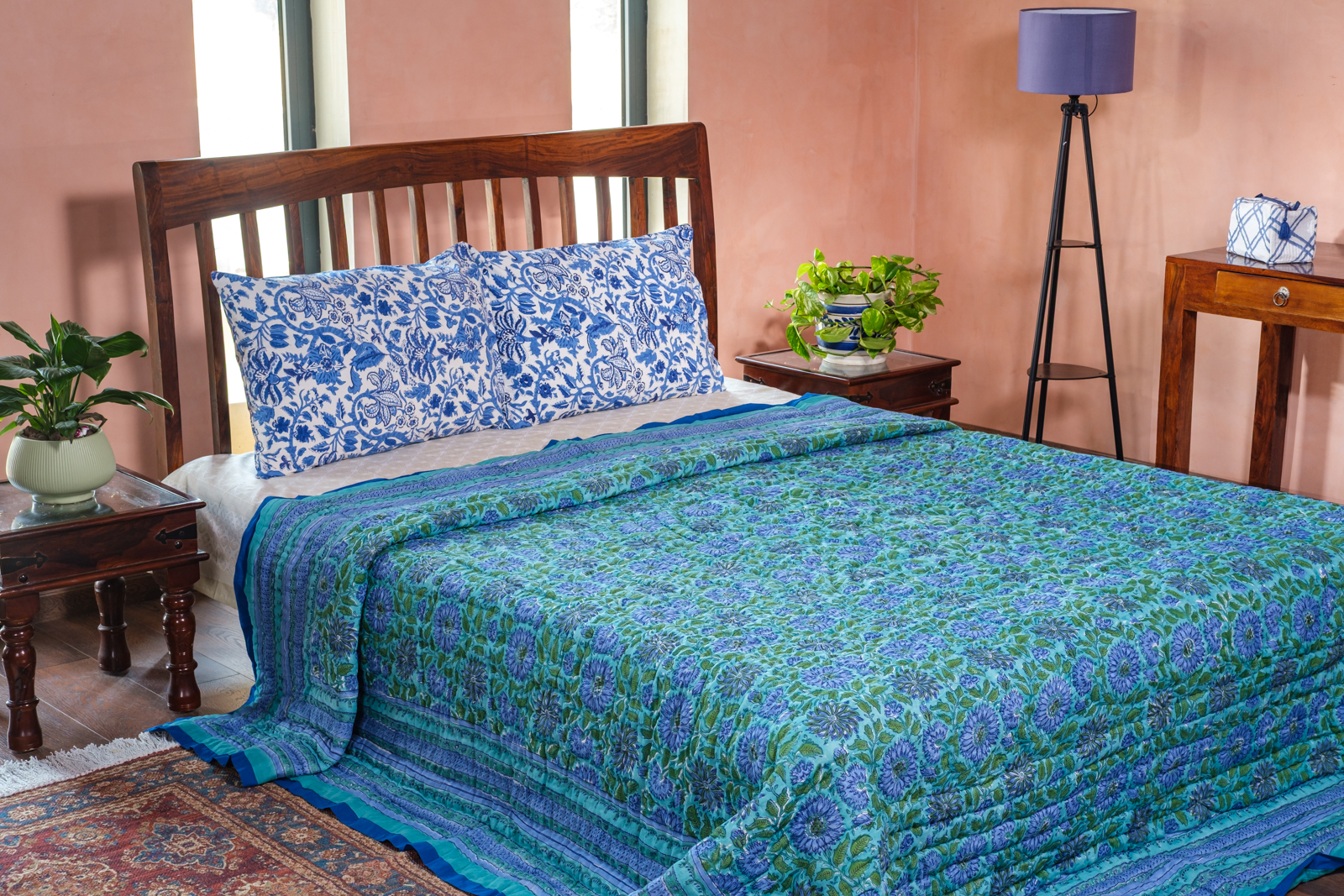 Hand Block Printed Cotton Quilt King Size Surajmukhi Blue Gud 106164