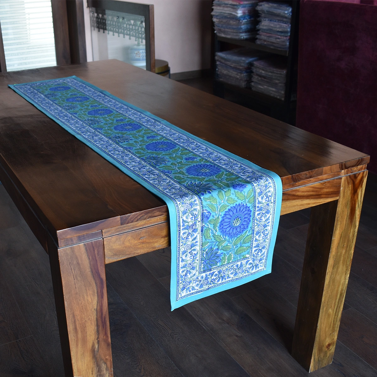 Hand Block Printed Cotton Canvas Table Runner 33x170 cms Surajmukhi Blue Gud 106164