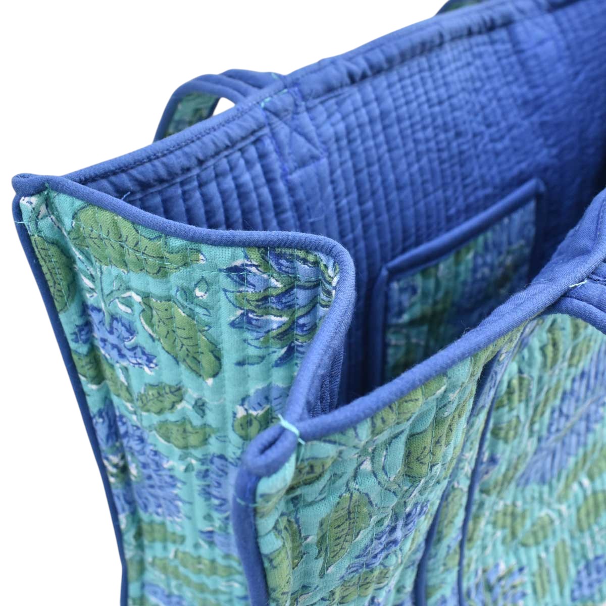Hand Block Printed Cotton Quilted Tote Bag Surajmukhi Blue Gud 106164