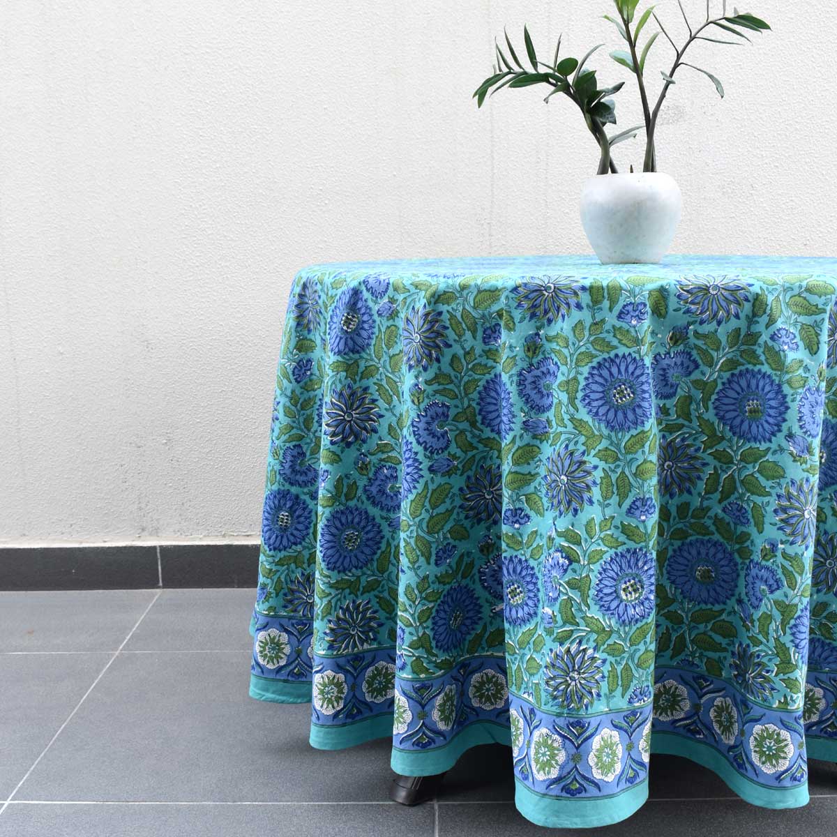Hand Block Printed Cotton Round Tablecloth 220 cms Surajmukhi Blue Gud 106164