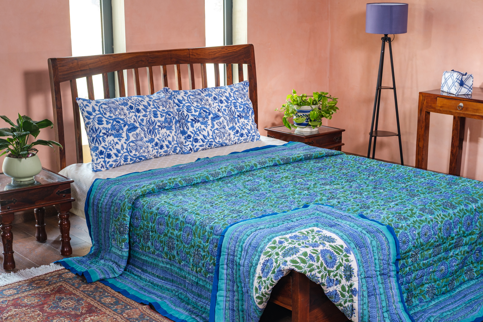 Hand Block Printed Cotton Quilt King Size Surajmukhi Blue Gud 106164