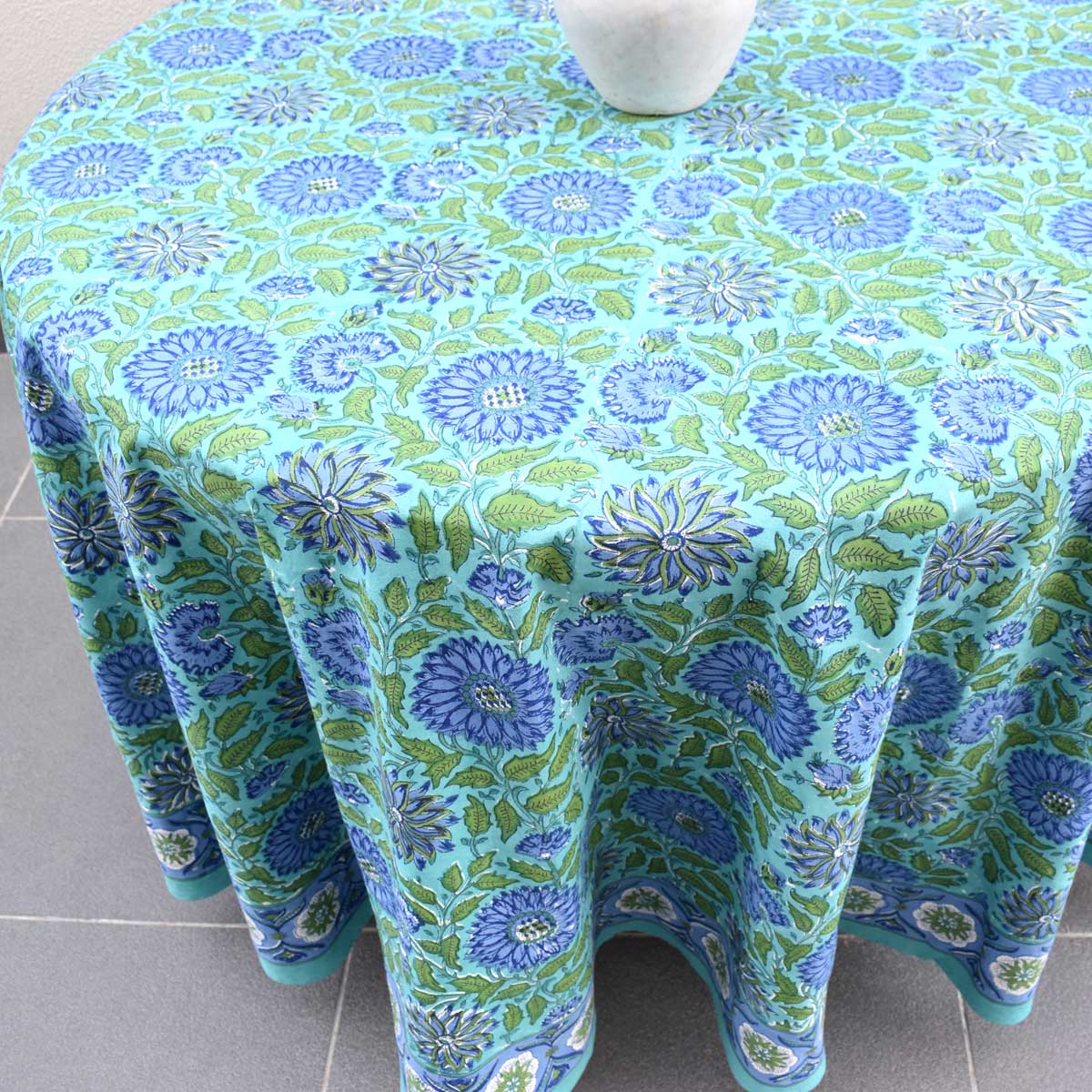 Hand Block Printed Cotton Round Tablecloth 220 cms Surajmukhi Blue Gud 106164