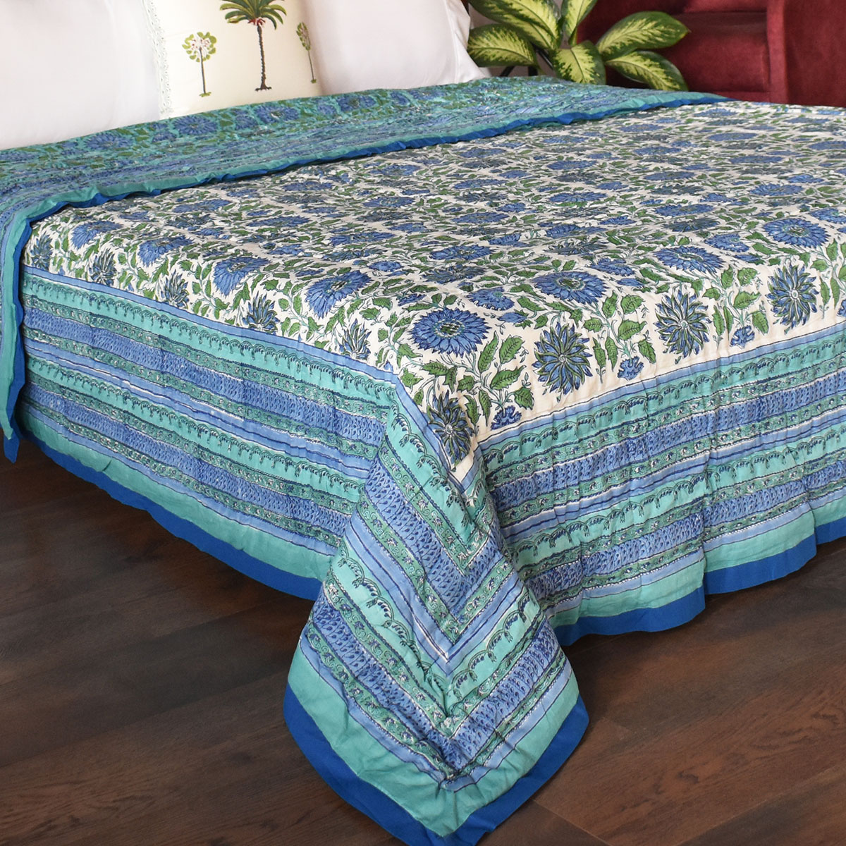 Handmade Block Printed Cotton Queen Quilt Surajmukhi Blue 1065