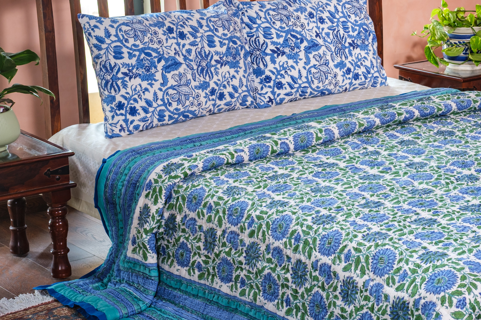 Hand Block Printed Cotton Quilt King Size Surajmukhi Blue Gud 106164