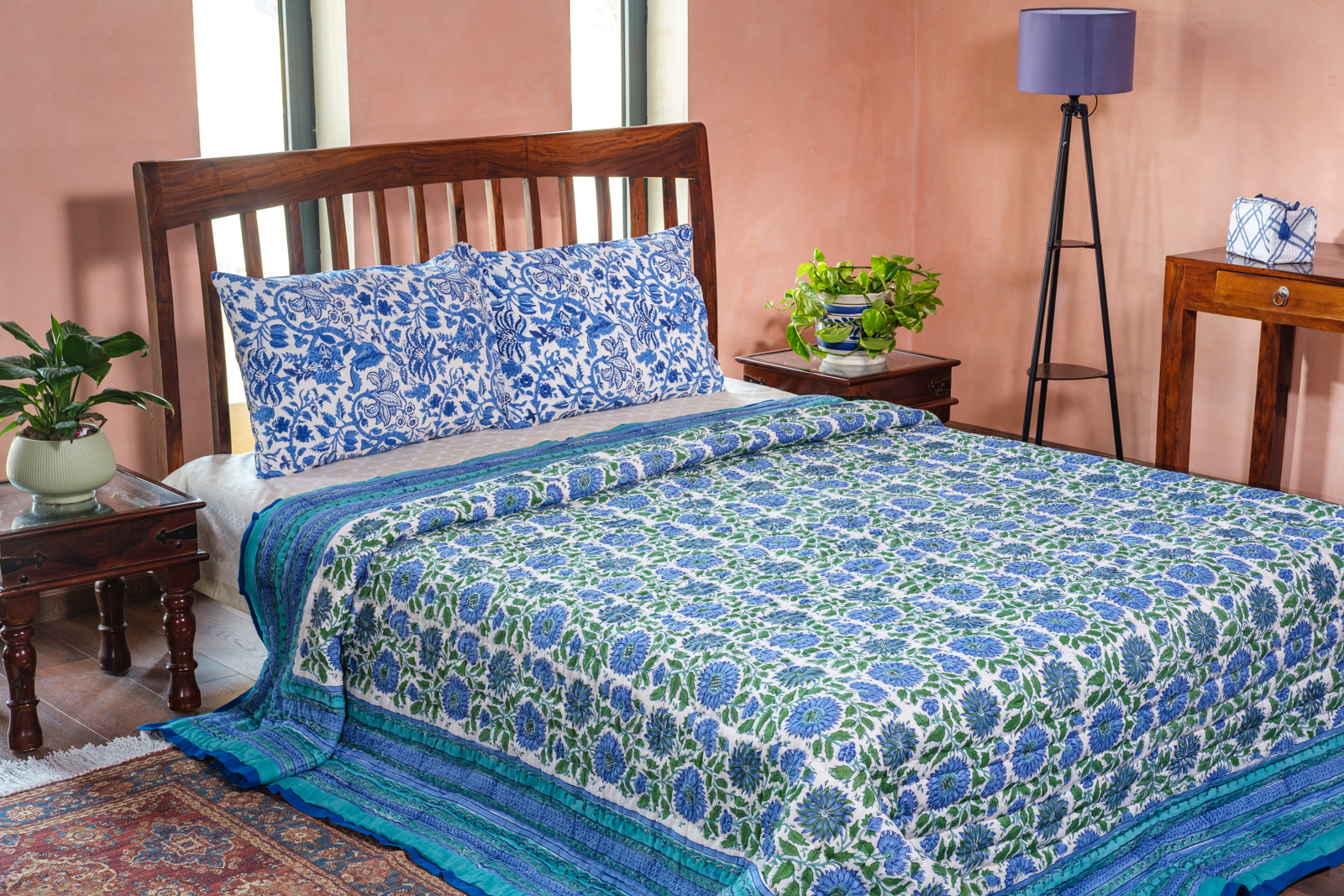 Hand Block Printed Cotton Quilt King Size Surajmukhi Blue Gud 106164