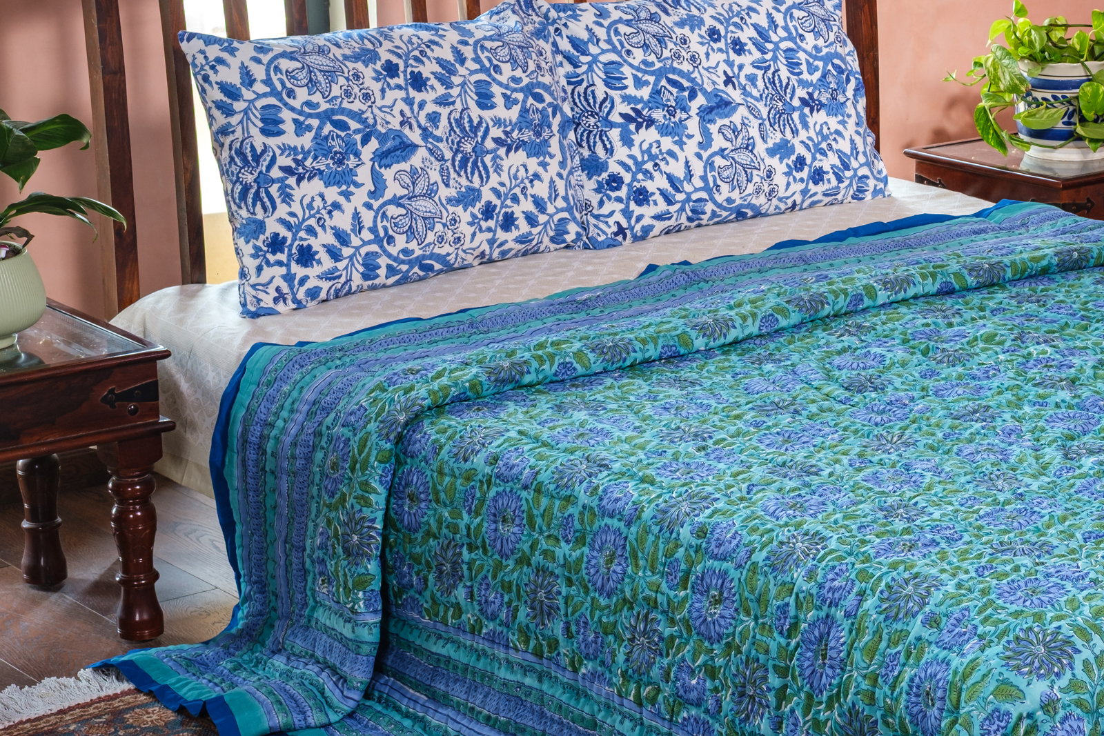 Hand Block Printed Cotton Quilt King Size Surajmukhi Blue Gud 106164